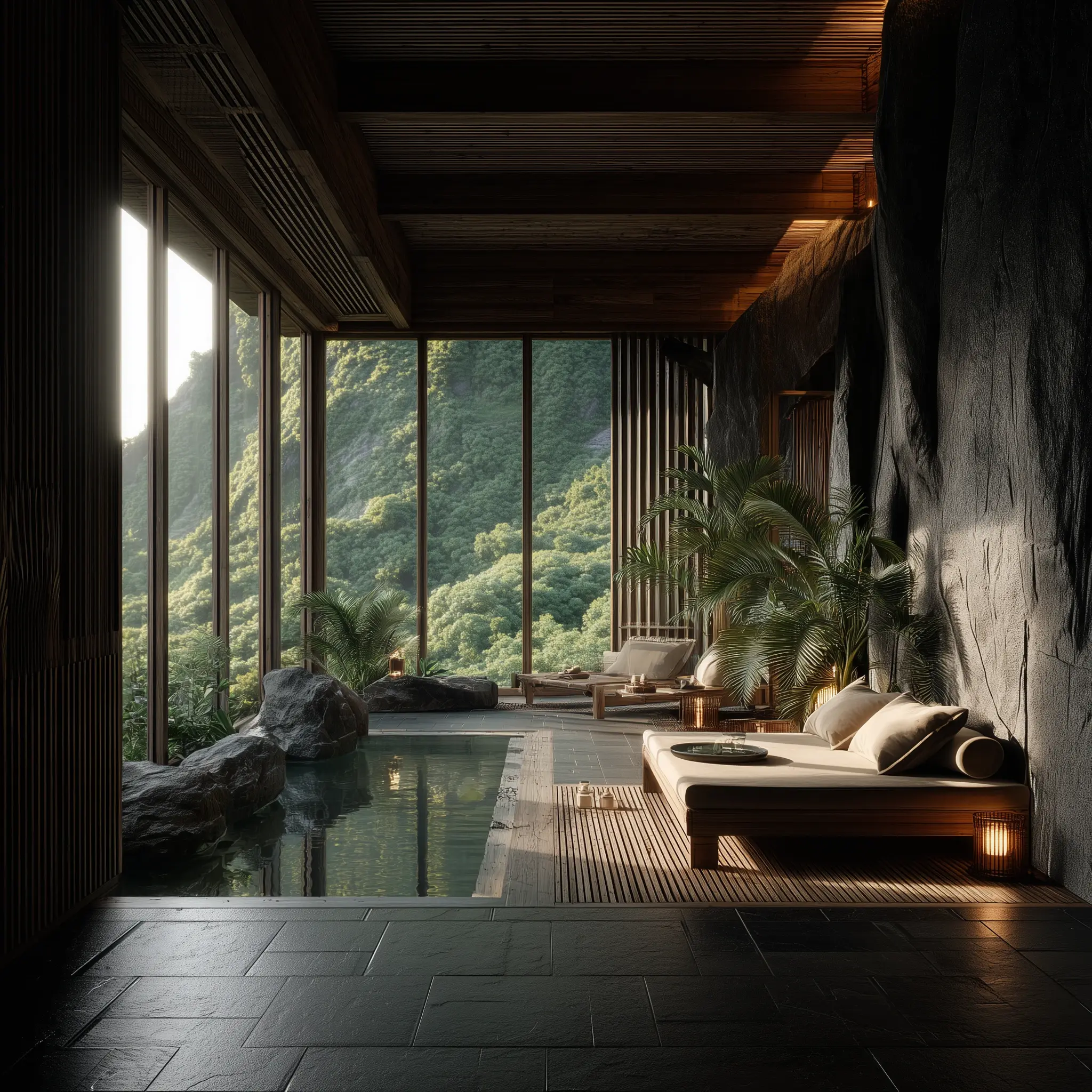 Candidasa spa lounge with infinity pool and mountain views